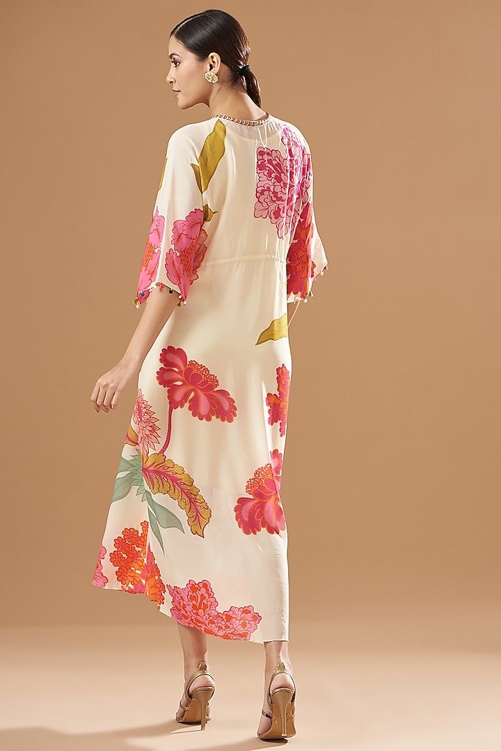 Ivory Crepe Embroidered & Printed Kaftan Dress by Raji ramniq at Pernia's Pop Up Shop