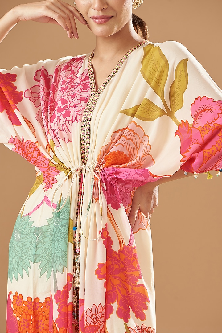 Ivory Crepe Embroidered & Printed Kaftan Dress by Raji ramniq at Pernia's Pop Up Shop