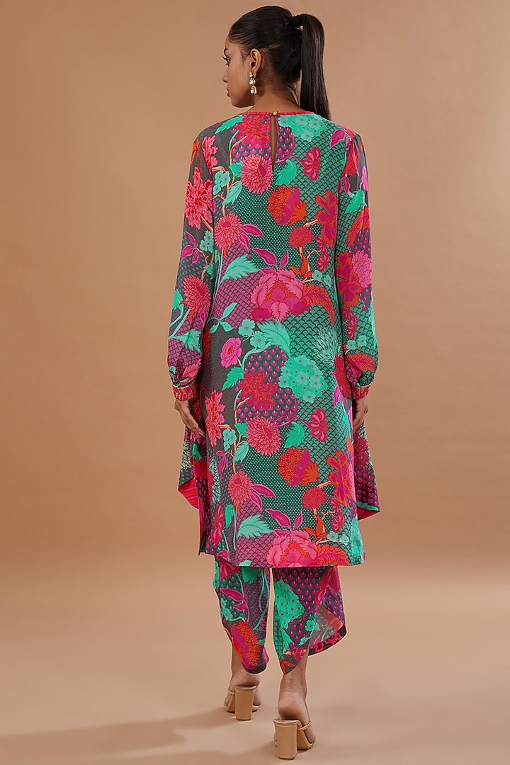 Teal Crepe Printed & Embroidered Kurta Set by Raji ramniq at Pernia's Pop Up Shop