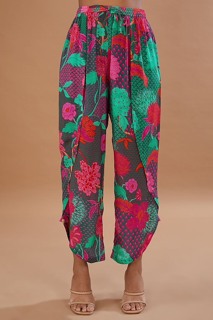 Teal Crepe Printed & Embroidered Kurta Set by Raji ramniq at Pernia's Pop Up Shop