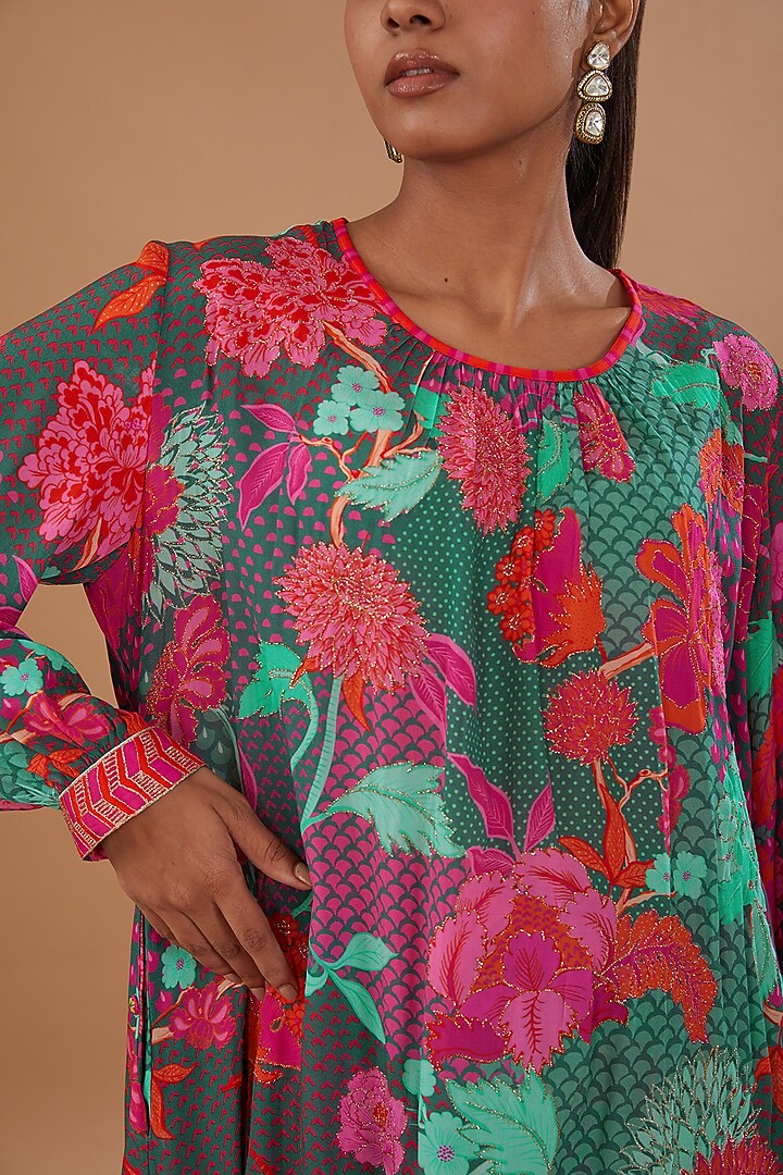 Teal Crepe Printed & Embroidered Kurta Set by Raji ramniq at Pernia's Pop Up Shop