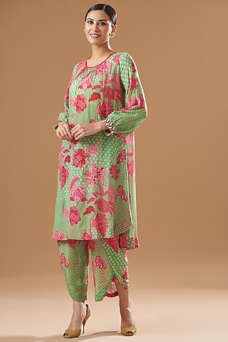 Sage Green Crepe Embroidered & Printed Kurta Set by Raji ramniq