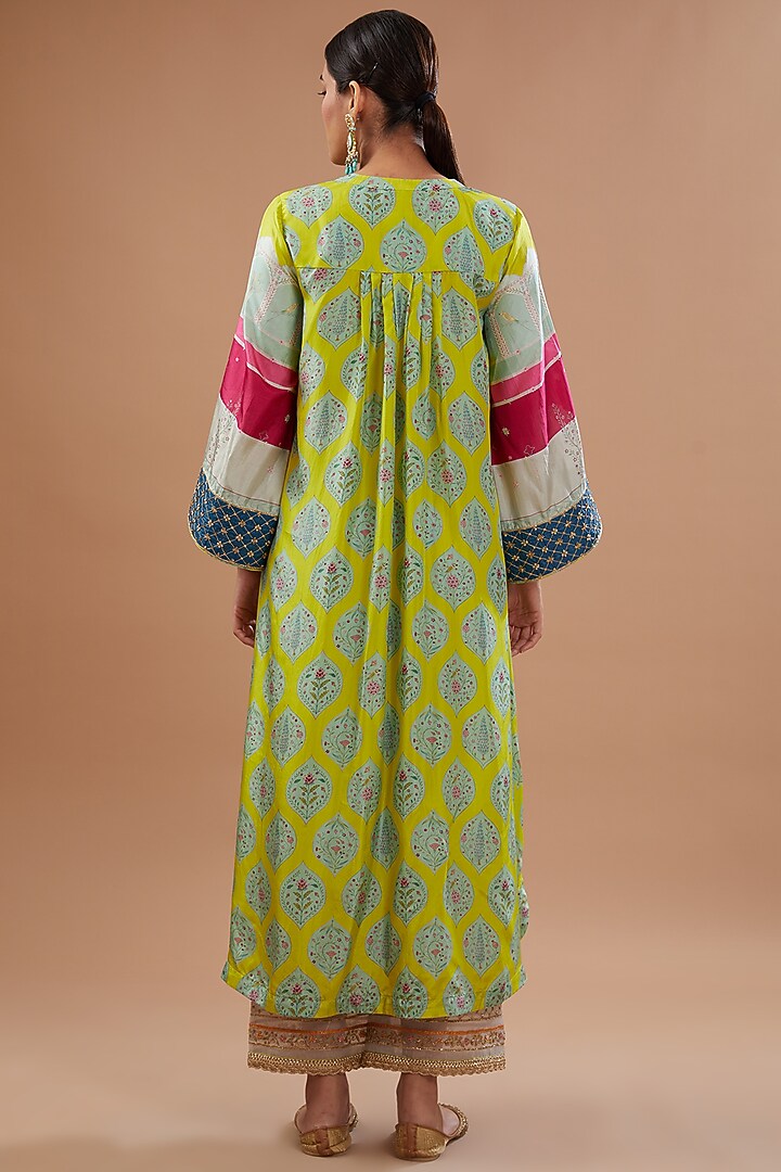 Lime Silk Printed & Embroidered Kurta Set by Raji ramniq at Pernia's Pop Up Shop