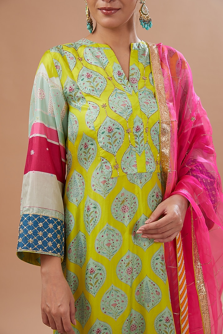 Lime Silk Printed & Embroidered Kurta Set by Raji ramniq at Pernia's Pop Up Shop
