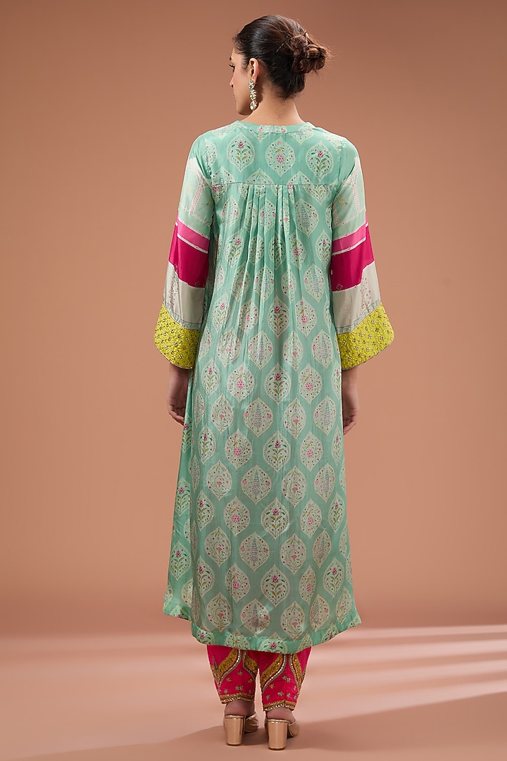 Powder Blue Silk Printed & Hand Embroidered Kurta Set by Raji Ramniq at Pernia's Pop Up Shop