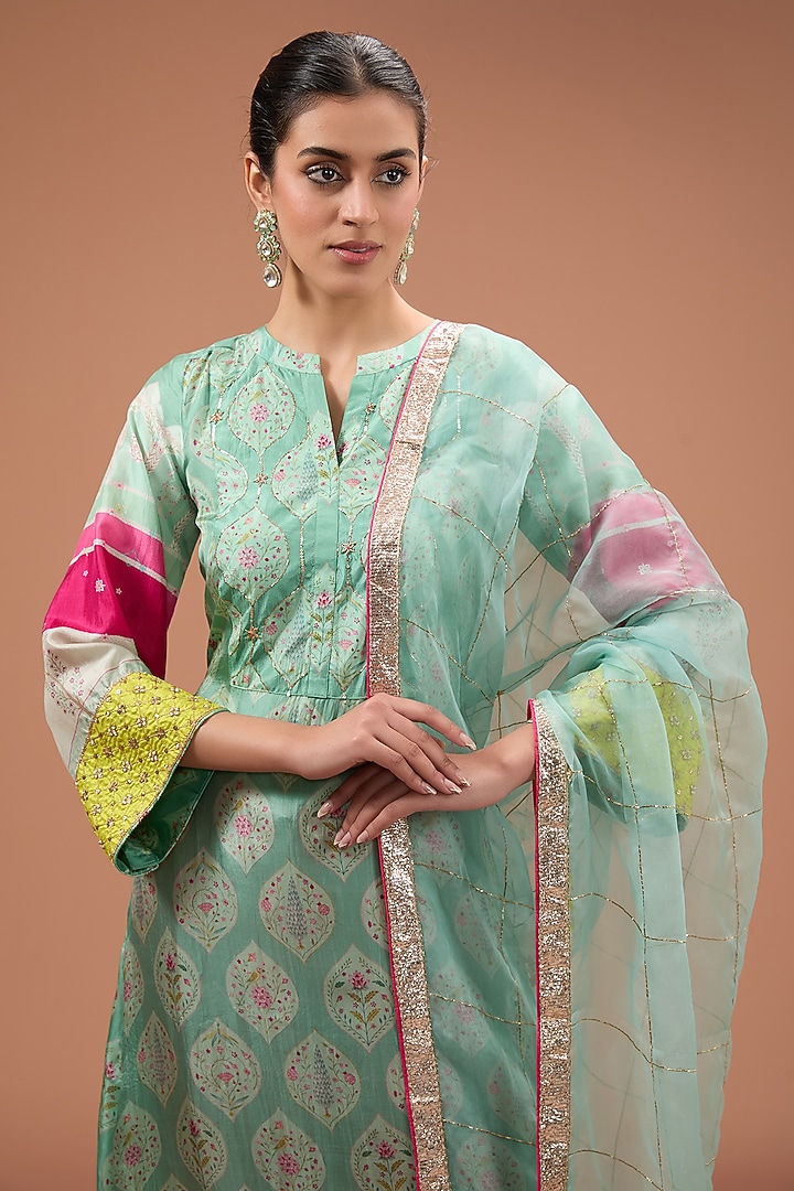 Powder Blue Silk Printed & Hand Embroidered Kurta Set by Raji Ramniq at Pernia's Pop Up Shop