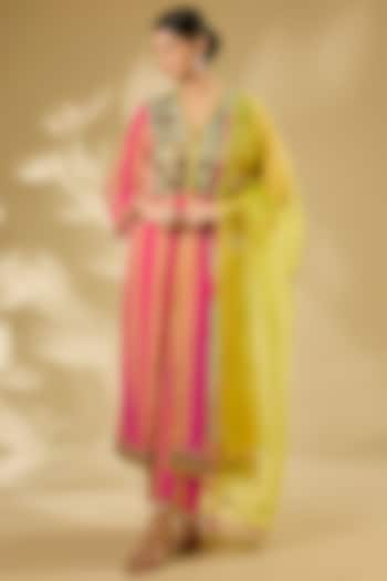 Pink & Nude Crepe Hand Embroidered Striped Kurta Set by Raji ramniq at Pernia's Pop Up Shop