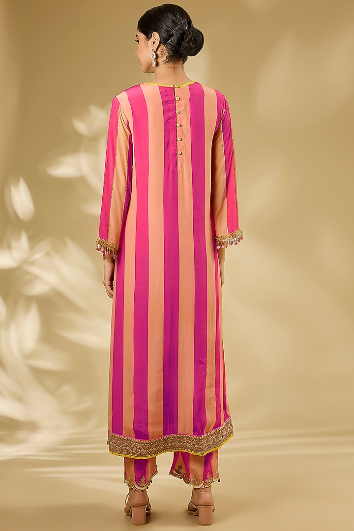 Pink & Nude Crepe Hand Embroidered Striped Kurta Set by Raji ramniq at Pernia's Pop Up Shop