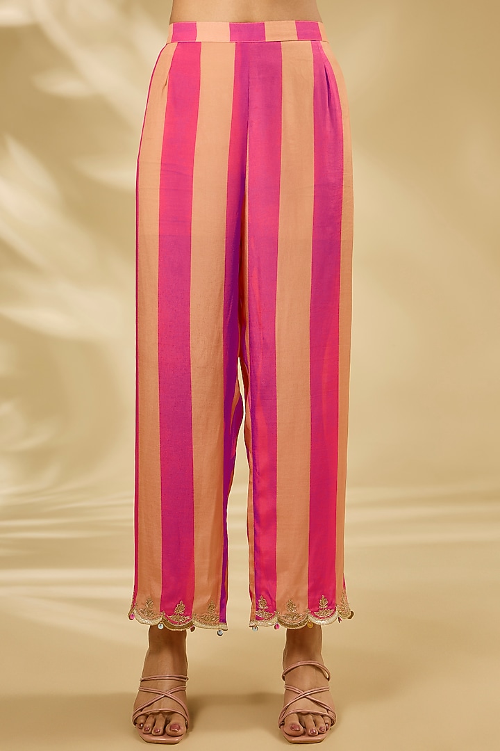 Pink & Nude Crepe Hand Embroidered Striped Kurta Set by Raji ramniq at Pernia's Pop Up Shop