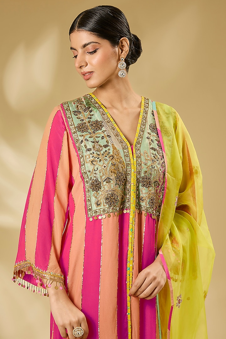 Pink & Nude Crepe Hand Embroidered Striped Kurta Set by Raji ramniq at Pernia's Pop Up Shop