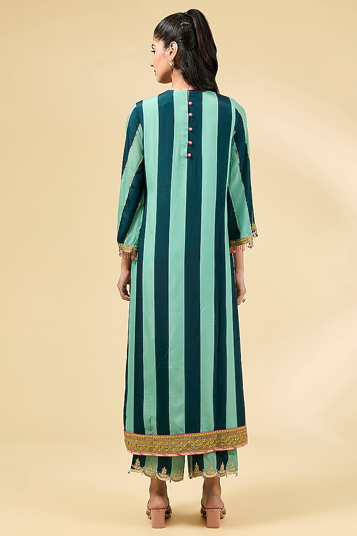 Teal & Powder Blue Crepe Striped Printed Kurta Set by Raji ramniq at Pernia's Pop Up Shop