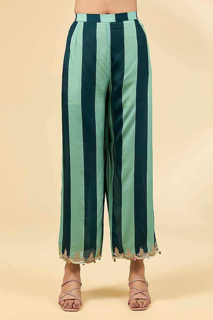 Teal & Powder Blue Crepe Striped Printed Kurta Set by Raji ramniq at Pernia's Pop Up Shop