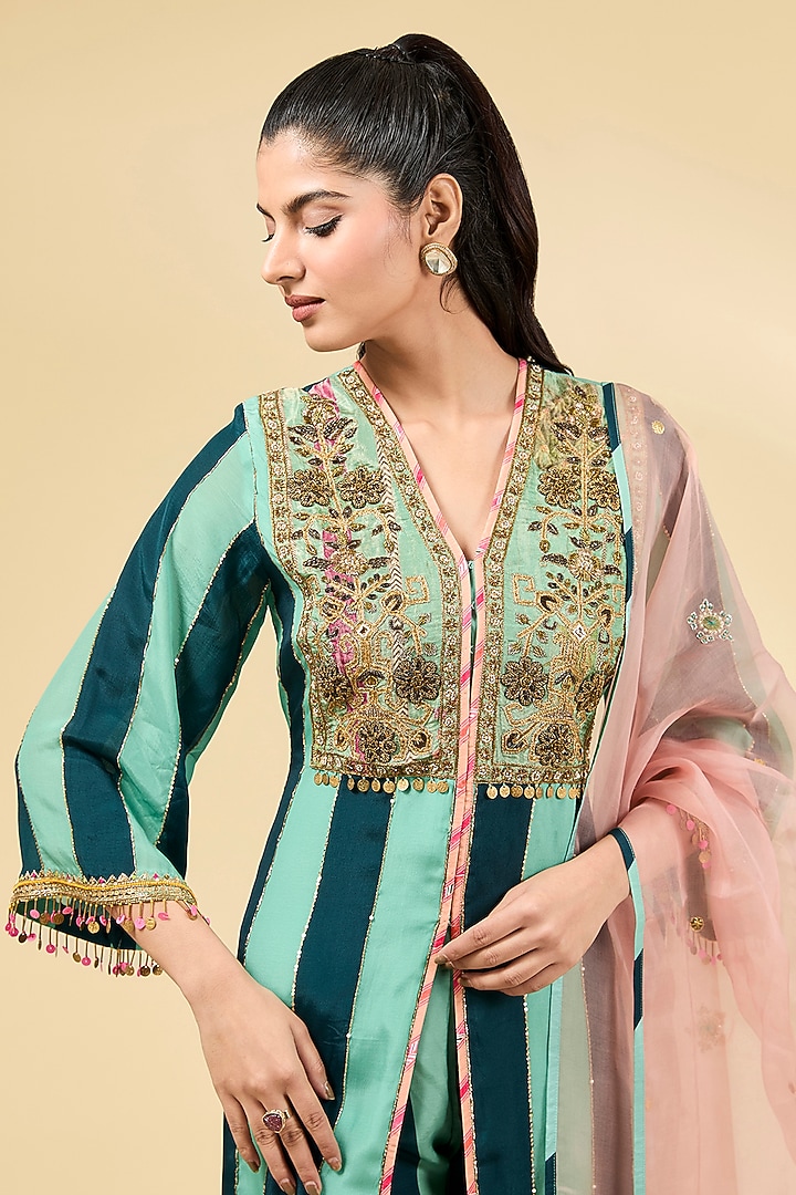 Teal & Powder Blue Crepe Striped Printed Kurta Set by Raji ramniq at Pernia's Pop Up Shop