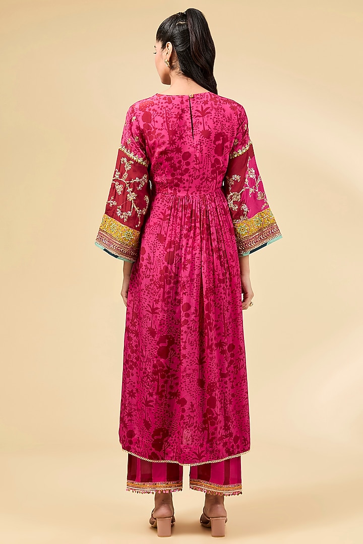 Hot Pink-Red Crepe Shadow Printed & Hand Embroidered Kurta Set by Raji ramniq at Pernia's Pop Up Shop