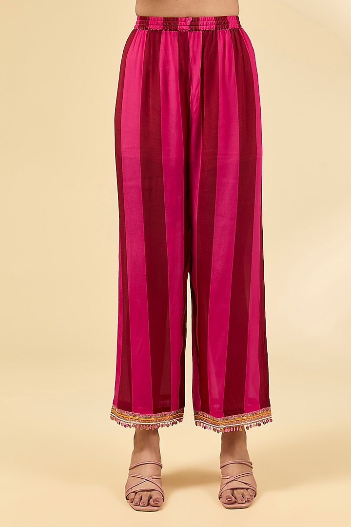 Hot Pink-Red Crepe Shadow Printed & Hand Embroidered Kurta Set by Raji ramniq at Pernia's Pop Up Shop