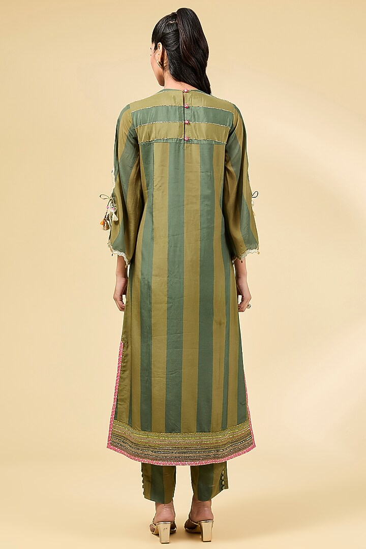 Olive Green Crepe Striped Printed & Cutwork Embroidered Kurta Set by Raji ramniq at Pernia's Pop Up Shop