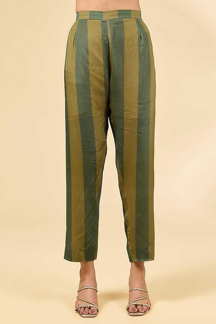Olive Green Crepe Striped Printed & Cutwork Embroidered Kurta Set by Raji ramniq at Pernia's Pop Up Shop