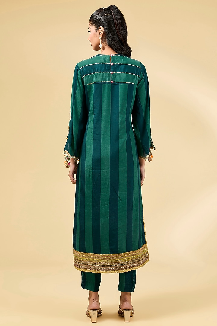 Teal Green Crepe Striped Printed & Cutwork Embroidered Kurta Set by Raji ramniq at Pernia's Pop Up Shop