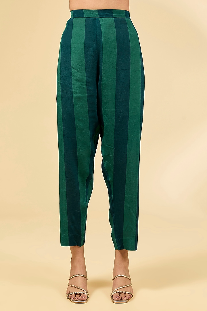 Teal Green Crepe Striped Printed & Cutwork Embroidered Kurta Set by Raji ramniq at Pernia's Pop Up Shop