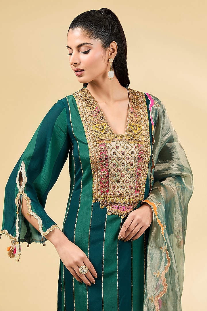 Teal Green Crepe Striped Printed & Cutwork Embroidered Kurta Set by Raji ramniq at Pernia's Pop Up Shop