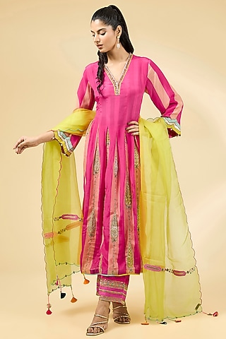 Pink Crepe Striped Printed & Embroidered A-Line Pintucked Kurta Set by Raji ramniq