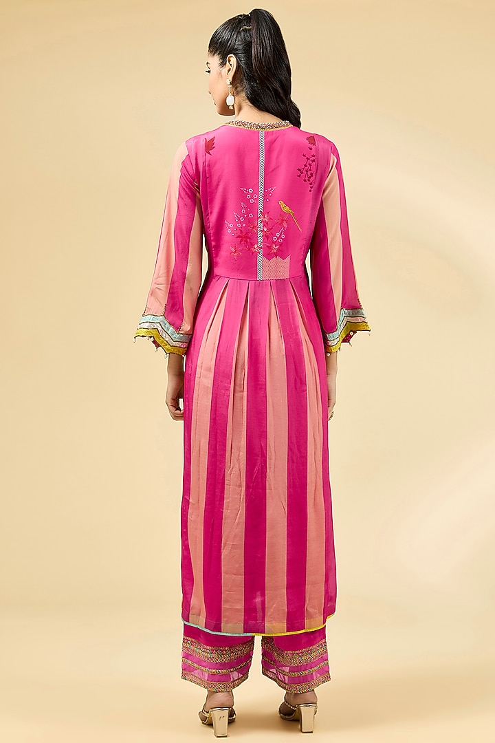 Pink Crepe Striped Printed & Embroidered A-Line Pintucked Kurta Set by Raji ramniq at Pernia's Pop Up Shop