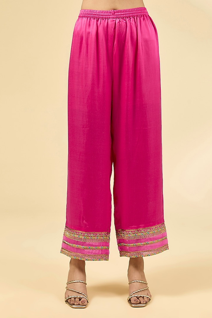 Pink Crepe Striped Printed & Embroidered A-Line Pintucked Kurta Set by Raji ramniq at Pernia's Pop Up Shop