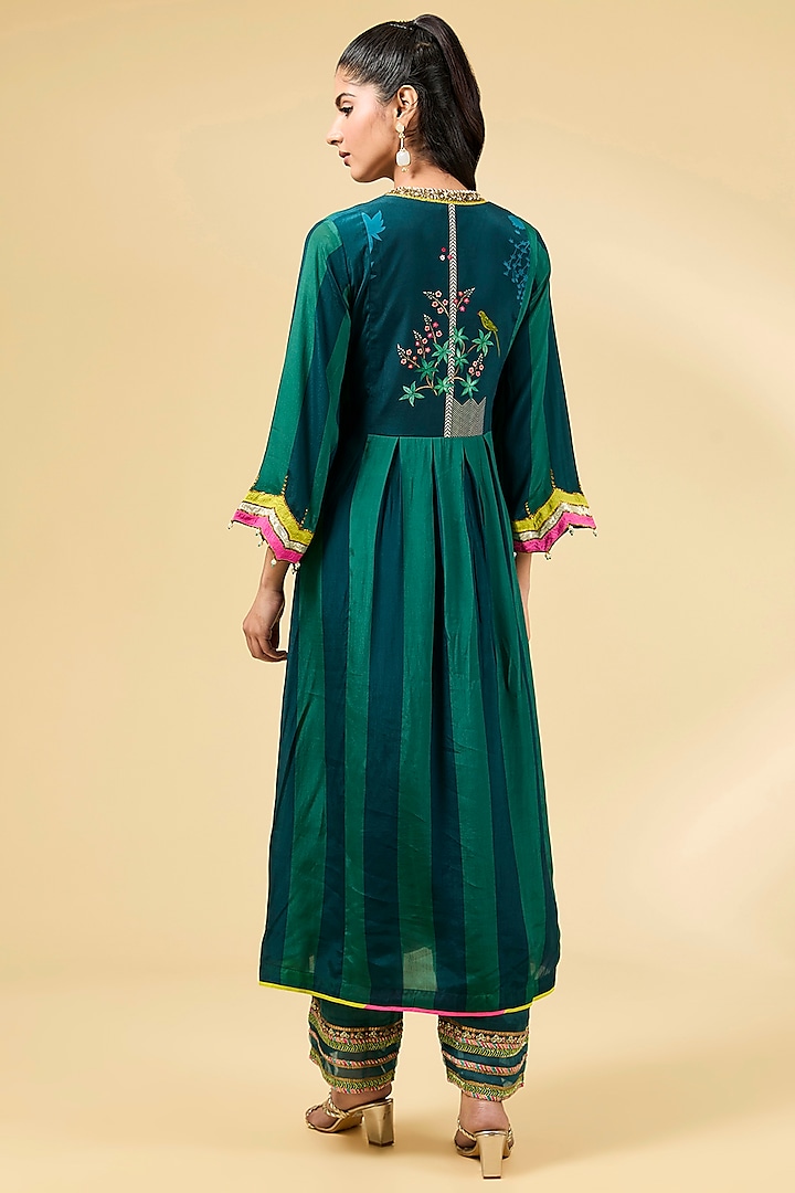 Teal Crepe Striped Printed & Embroidered A-Line Pintucked Kurta Set by Raji ramniq at Pernia's Pop Up Shop
