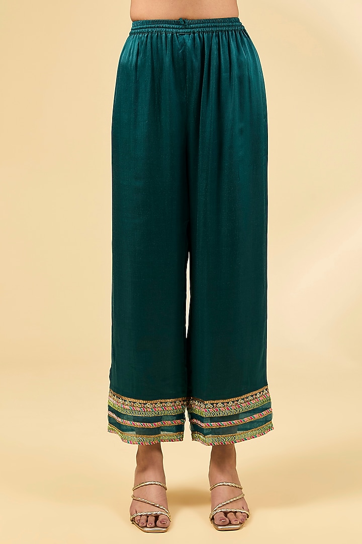 Teal Crepe Striped Printed & Embroidered A-Line Pintucked Kurta Set by Raji ramniq at Pernia's Pop Up Shop