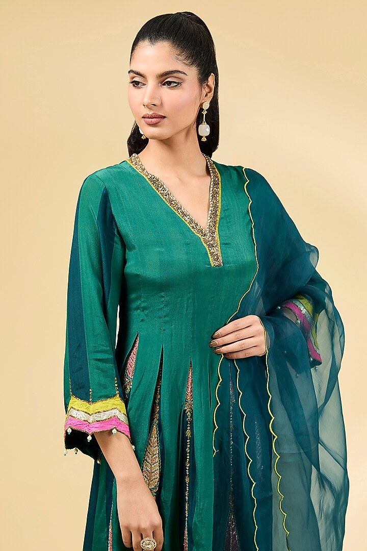 Teal Crepe Striped Printed & Embroidered A-Line Pintucked Kurta Set by Raji ramniq at Pernia's Pop Up Shop