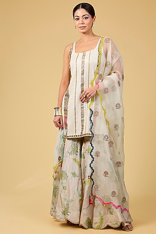 Ivory Silk & Silk Tissue Sharara Set by Raji ramniq