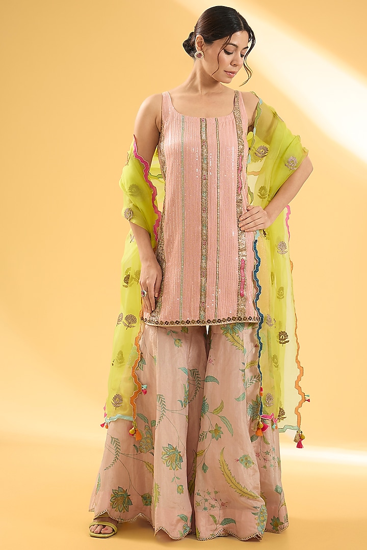 Nude Pink Tissue Silk Floral Printed Gharara Set by Raji ramniq at Pernia's Pop Up Shop