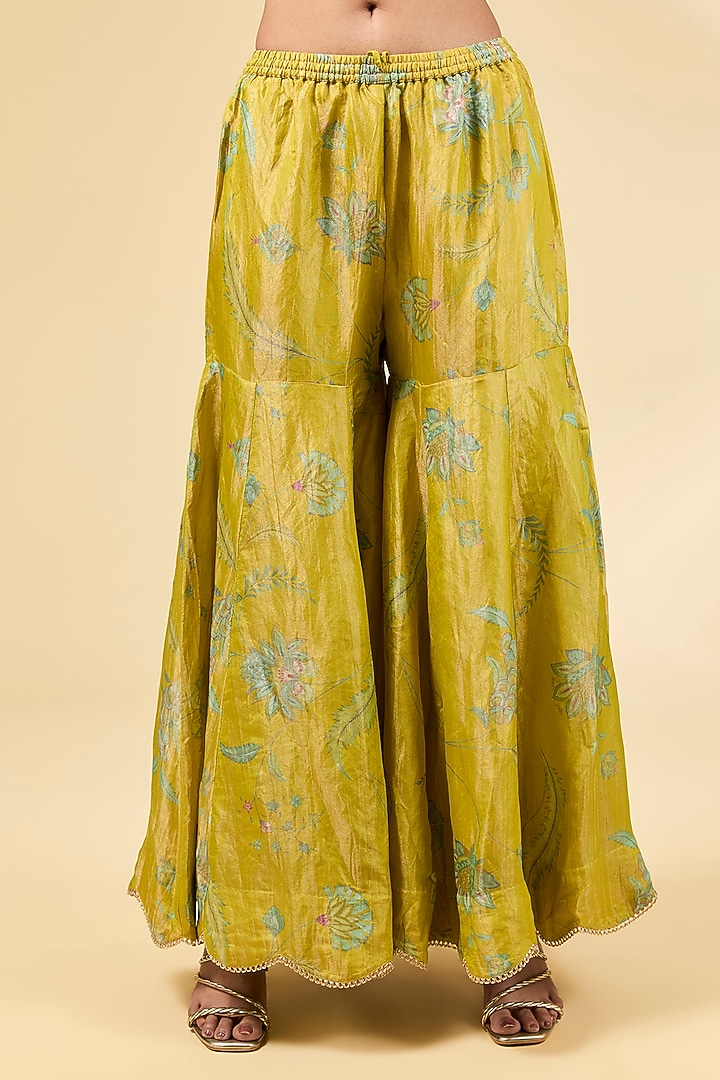 Green Tissue Printed Gharara Set by Raji ramniq at Pernia's Pop Up Shop