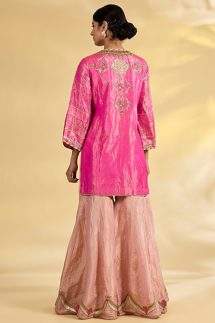 Pink Tissue Silk Applique Work Gharara Set by Raji Ramniq at Pernia's Pop Up Shop