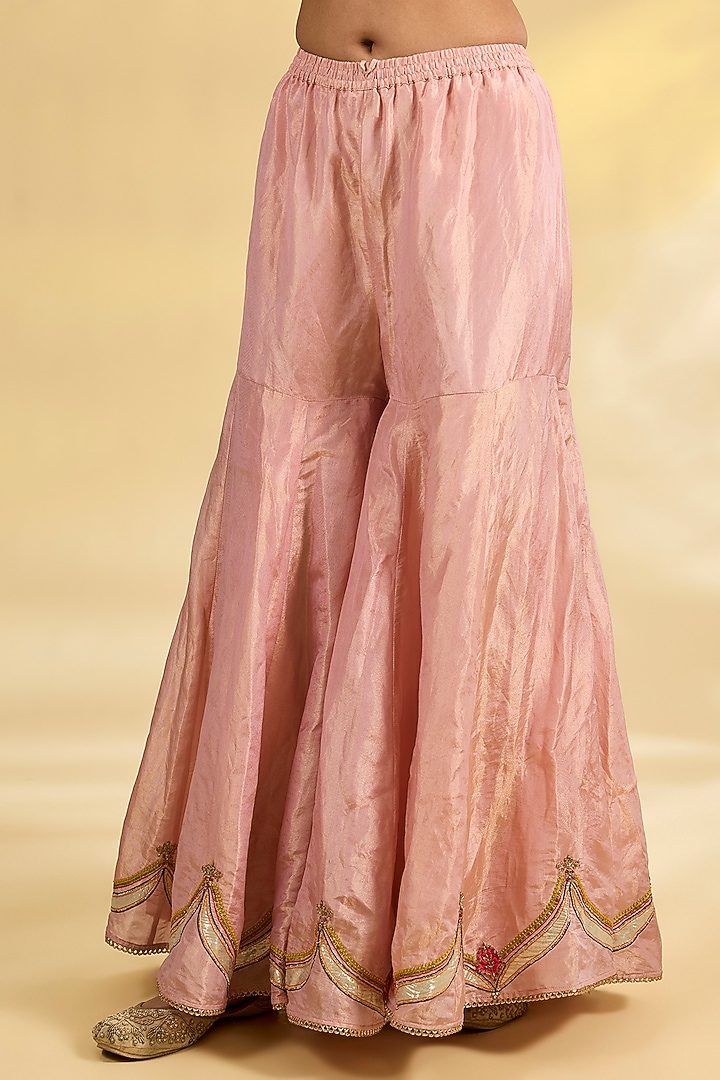 Pink Tissue Silk Applique Work Gharara Set by Raji Ramniq at Pernia's Pop Up Shop
