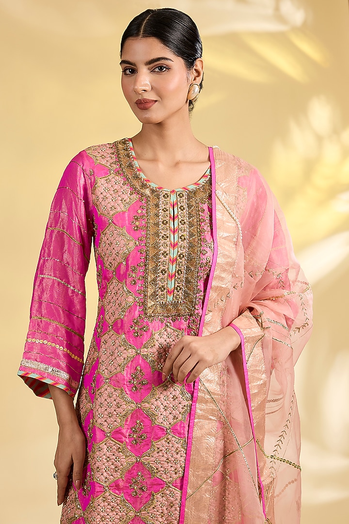 Pink Tissue Silk Applique Work Gharara Set by Raji Ramniq at Pernia's Pop Up Shop