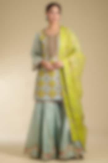 Powder Blue Tissue Applique Work Gharara Set by Raji Ramniq at Pernia's Pop Up Shop