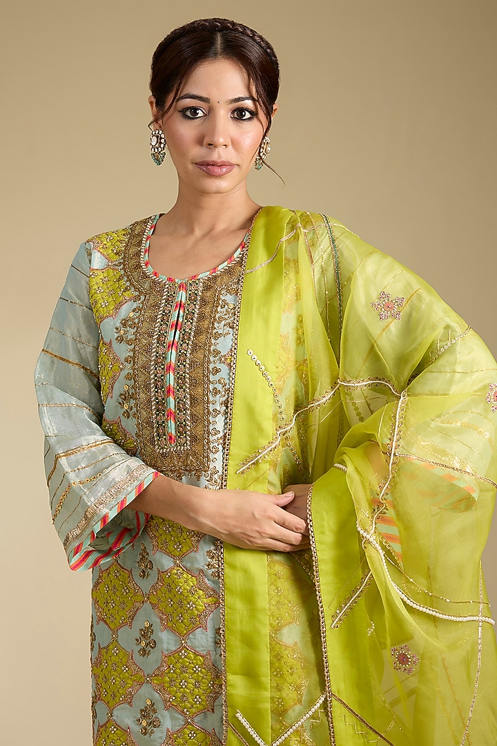 Powder Blue Tissue Applique Work Gharara Set by Raji Ramniq at Pernia's Pop Up Shop