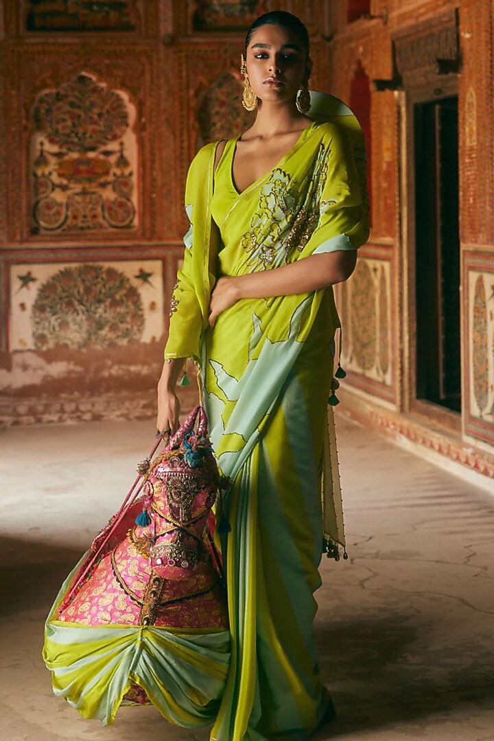 Bright Green & Powder Blue Crepe Hand Embroidered Party Wear Saree Set by Raji Ramniq at Pernia's Pop Up Shop