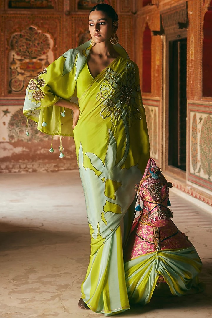 Bright Green & Powder Blue Crepe Hand Embroidered Party Wear Saree Set by Raji Ramniq at Pernia's Pop Up Shop