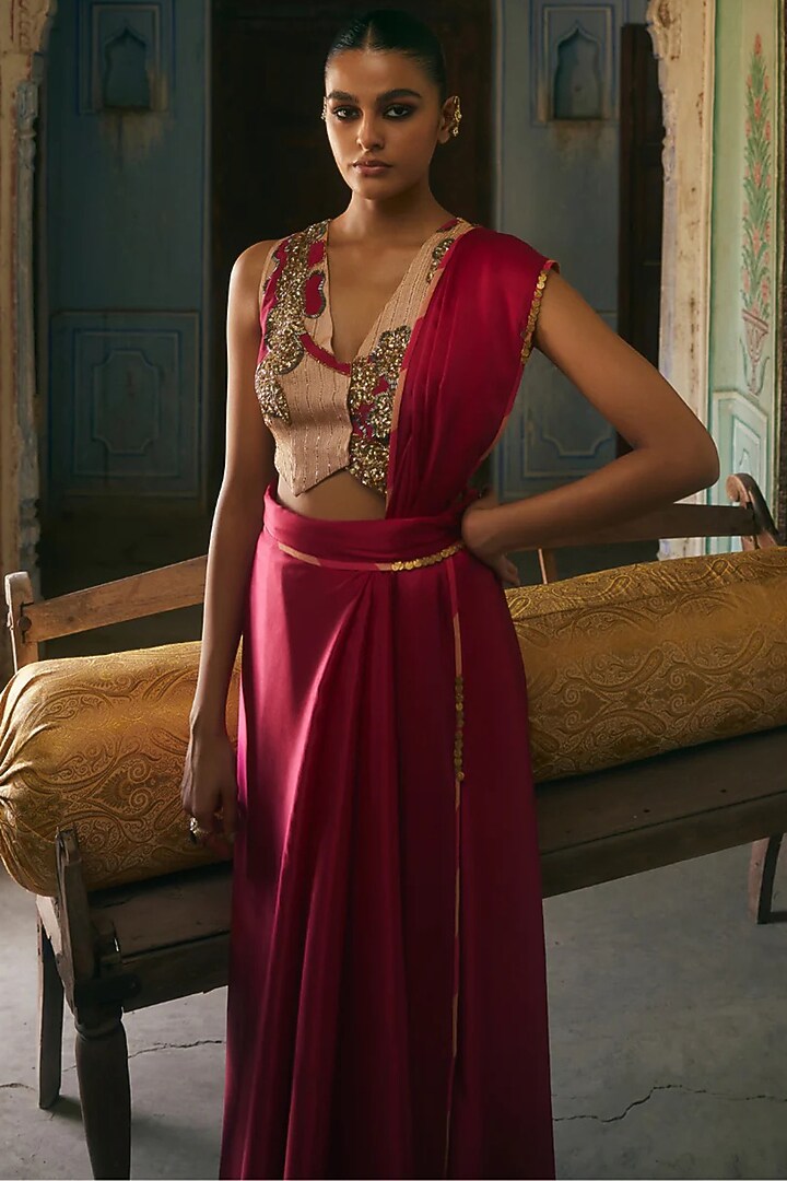 Ruby Red Satin Crepe Wedding Saree Set by Raji Ramniq at Pernia's Pop Up Shop