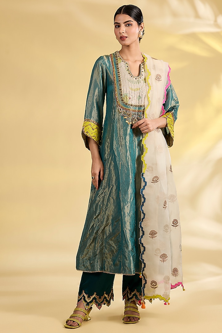 Teal Tissue Silk Hand Embroidered Kurta Set by Raji Ramniq at Pernia's Pop Up Shop