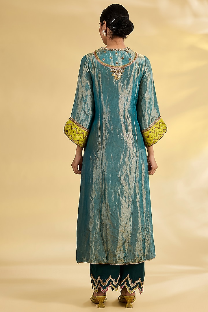 Teal Tissue Silk Hand Embroidered Kurta Set by Raji Ramniq at Pernia's Pop Up Shop