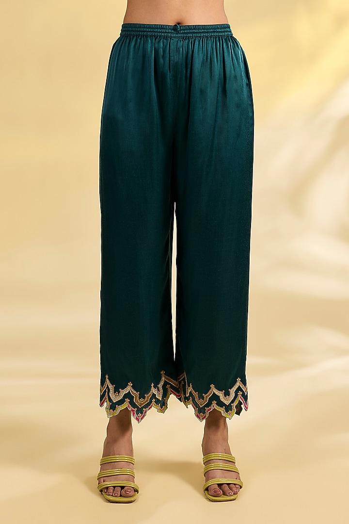 Teal Tissue Silk Hand Embroidered Kurta Set by Raji Ramniq at Pernia's Pop Up Shop