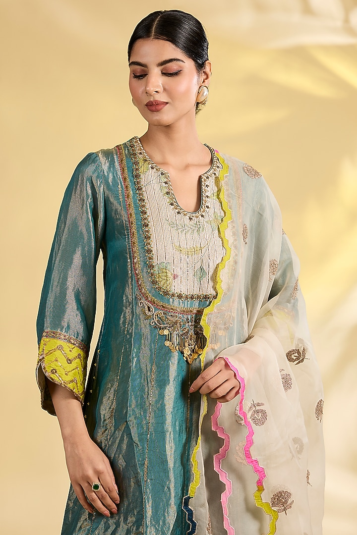 Teal Tissue Silk Hand Embroidered Kurta Set by Raji Ramniq at Pernia's Pop Up Shop