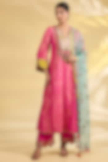 Hot Pink Tissue Silk Hand Embroidered Kurta Set by Raji Ramniq at Pernia's Pop Up Shop