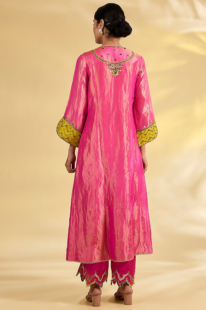 Hot Pink Tissue Silk Hand Embroidered Kurta Set by Raji Ramniq at Pernia's Pop Up Shop