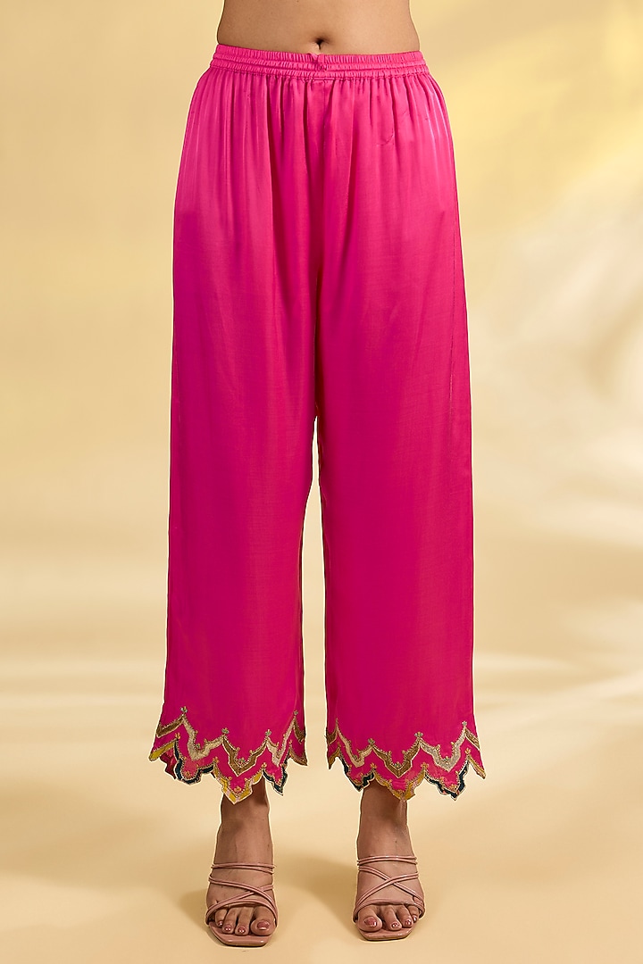 Hot Pink Tissue Silk Hand Embroidered Kurta Set by Raji Ramniq at Pernia's Pop Up Shop