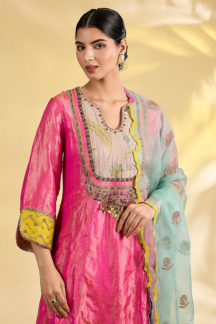 Hot Pink Tissue Silk Hand Embroidered Kurta Set by Raji Ramniq at Pernia's Pop Up Shop