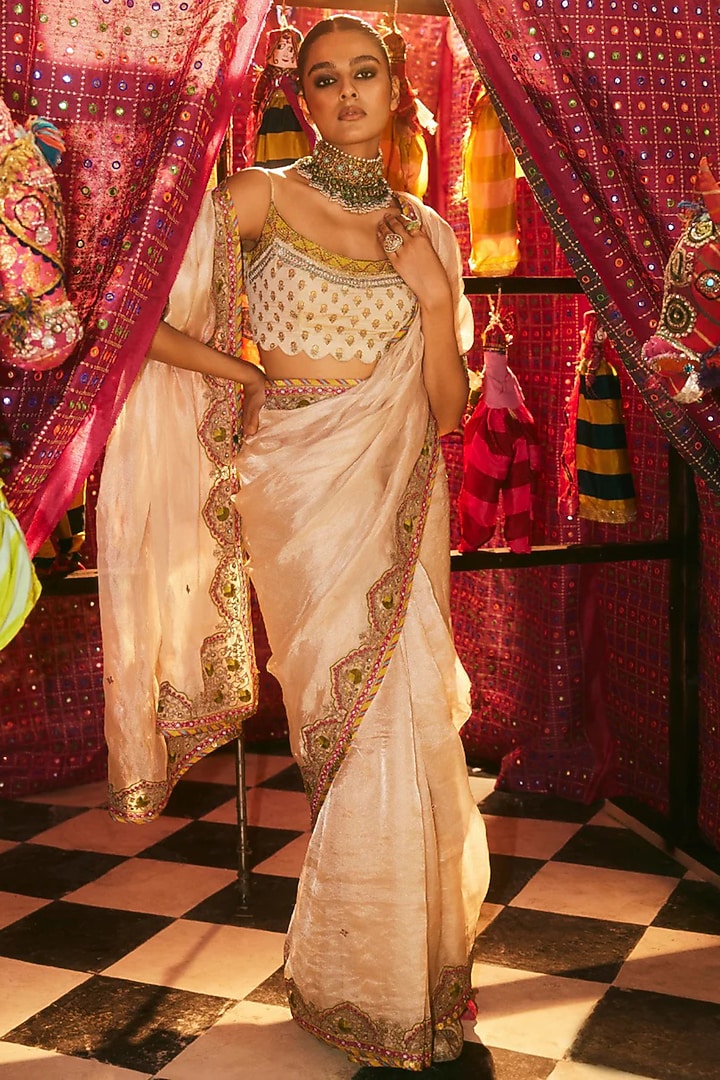 Ivory Tissue Organza Hand Embroidered Wedding Saree Set by Raji Ramniq at Pernia's Pop Up Shop